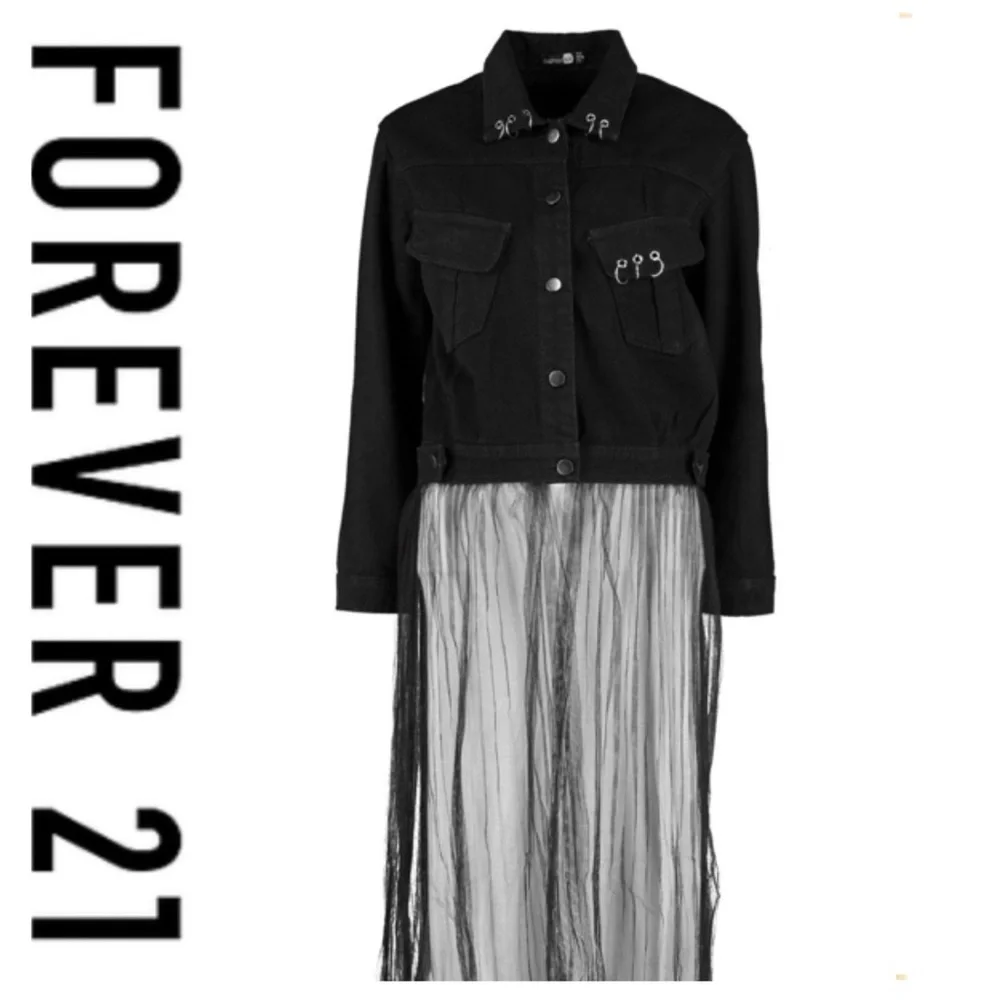 Pierced Black Denim Jacket w Detachable Sheer Tulle Panel - Picture 3 of 16